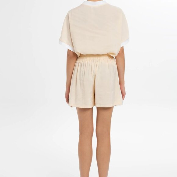 Satin Shorts With Elastic Back And Embroidered Piping Details in Ecru - Picture 3 of 5